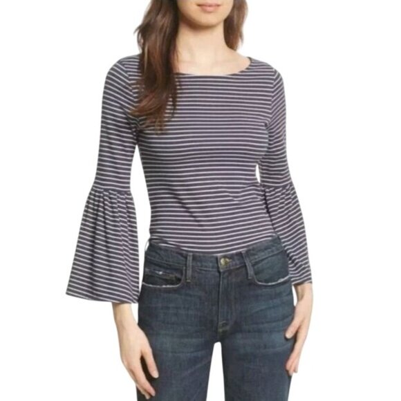 Frame Boatneck Bell Sleeve Striped Top Modal Navy Blue White Women's XS Nautical - Picture 3 of 12